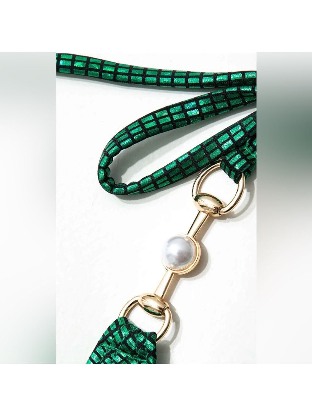 Green Metallic Halter Pearl Detail Bikini Set - Picture 6 of 10